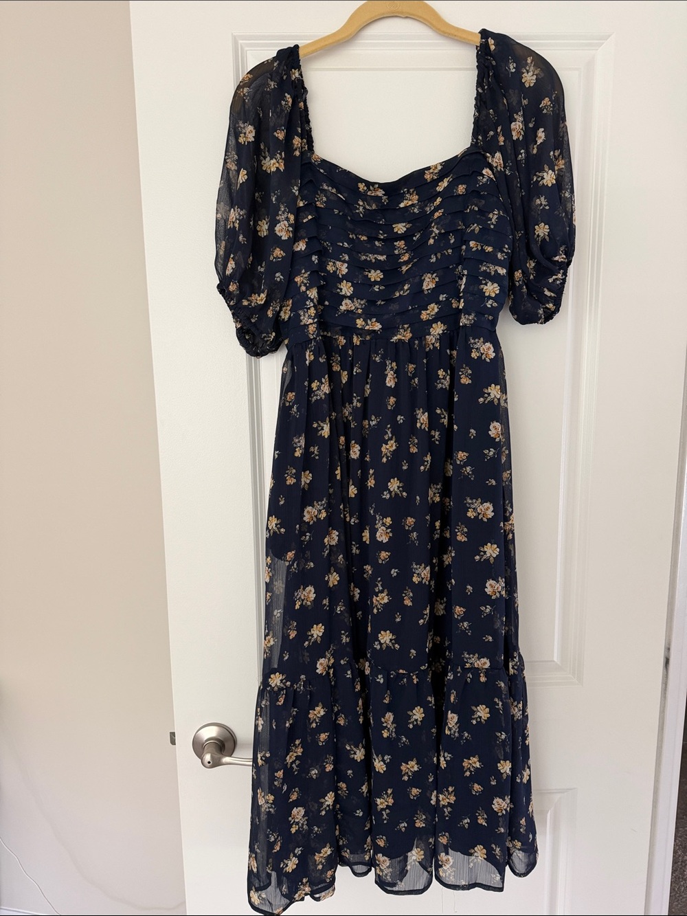 LC Lauren Conrad Navy Floral Puff Sleeve Midi Dress with Cream Accents